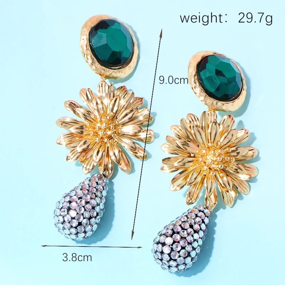 Zara Vintage Floral Green Stone Statement Tear Drop Long Dangle Earrings
